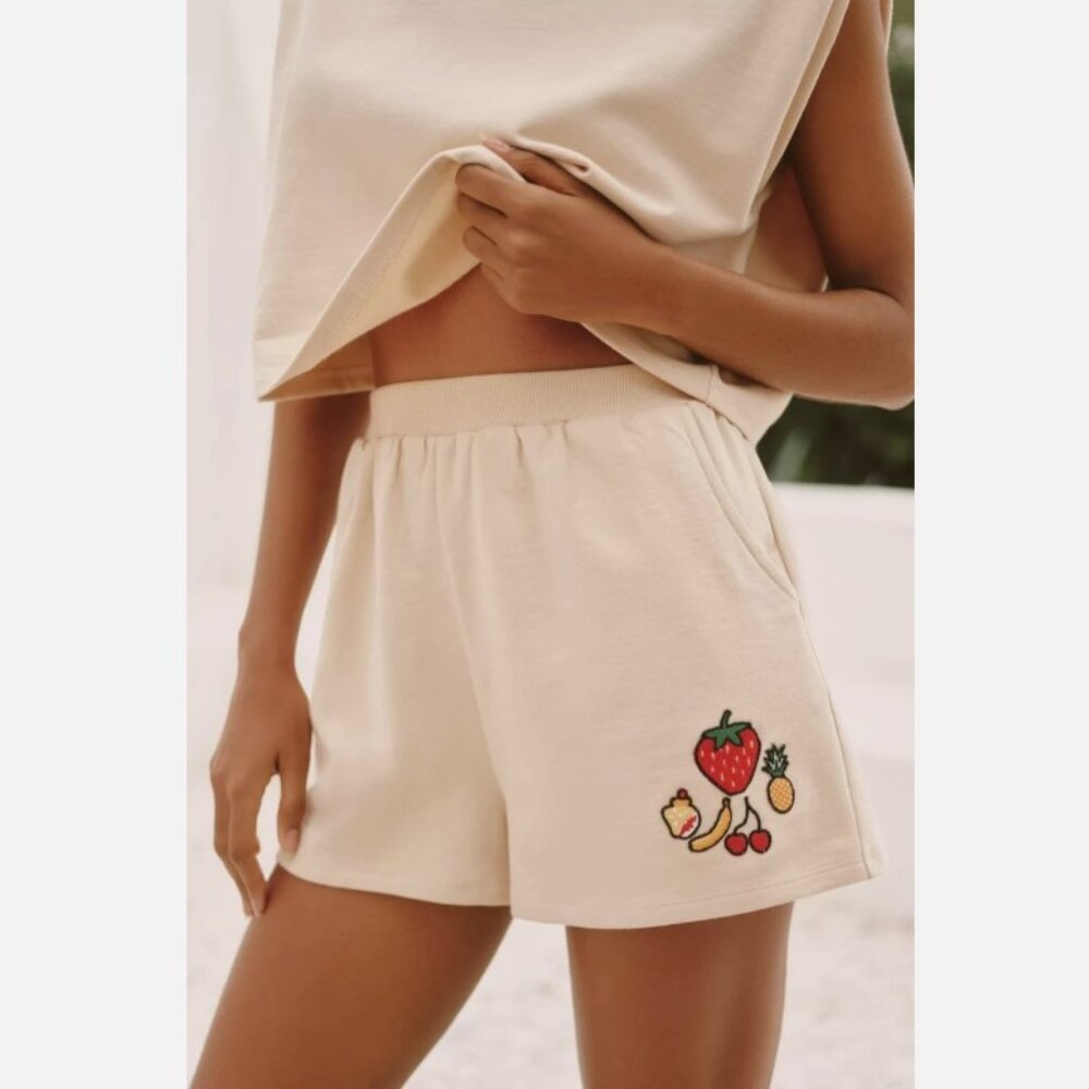 NWT Anthropologie Celandine Coney Icon Embroidered Sweat Shorts Beige XS